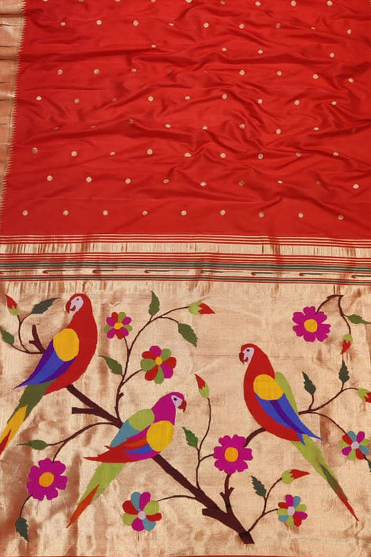 Red Paithani Handloom Parrot Design Pure Silk Muniya Border Saree - Luxurion World