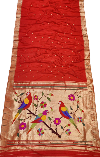 Red Paithani Handloom Parrot Design Pure Silk Muniya Border Saree - Luxurion World