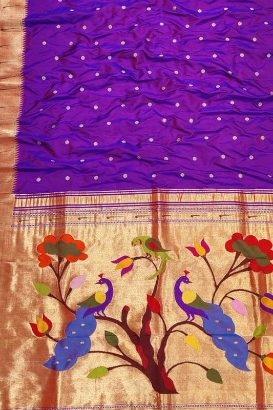 Purple Paithani Handloom Peacock Design Pure Silk Muniya Border Saree - Luxurion World