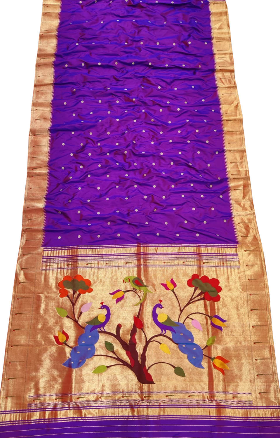 Purple Paithani Handloom Peacock Design Pure Silk Muniya Border Saree - Luxurion World
