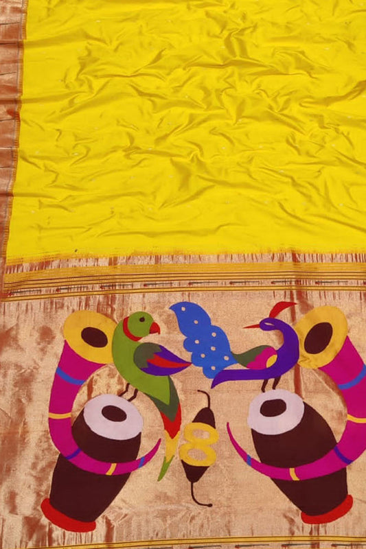Yellow Paithani Handloom Pure Silk Muniya Border Saree - Luxurion World