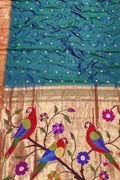 Blue Paithani Handloom Pure Silk Parrot Design Muniya Border Saree - Luxurion World