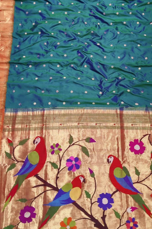 Blue Paithani Handloom Pure Silk Parrot Design Muniya Border Saree - Luxurion World