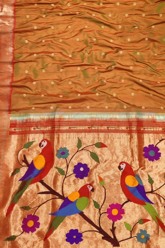 Orange Paithani Handloom Parrot Design Pure Silk Muniya Border Saree - Luxurion World