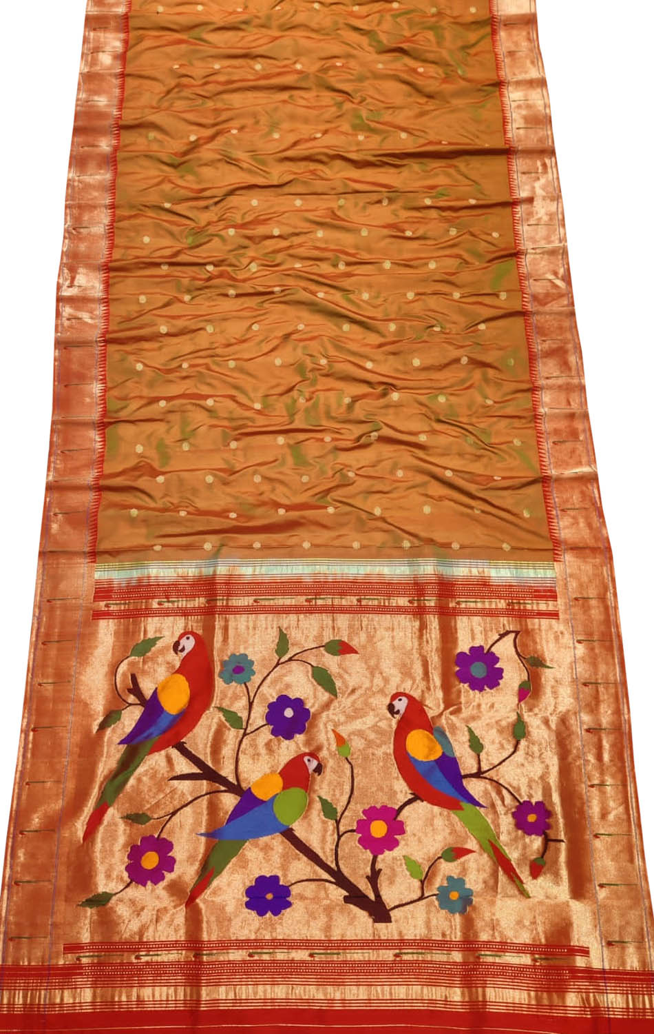 Orange Paithani Handloom Parrot Design Pure Silk Muniya Border Saree - Luxurion World