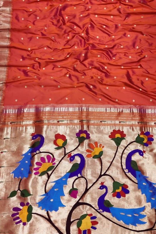 Red Paithani Handloom Peacock Design Pure Silk Muniya Border Saree - Luxurion World