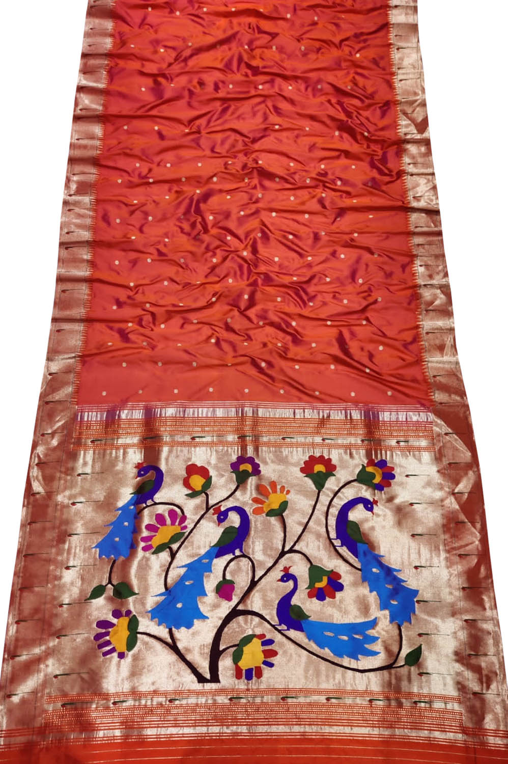 Red Paithani Handloom Peacock Design Pure Silk Muniya Border Saree - Luxurion World