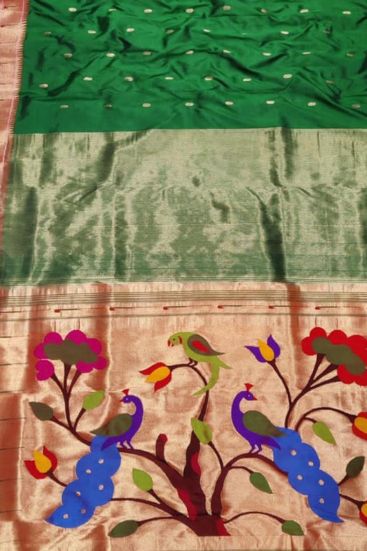 Green Paithani Handloom Pure Silk Peacock Design Muniya Border Saree - Luxurion World