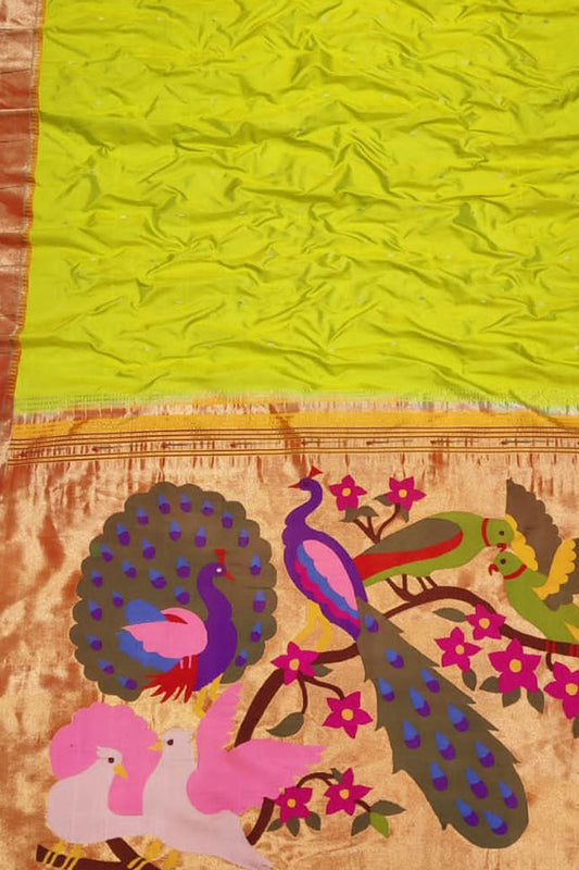 Yellow Paithani Handloom Pure Silk Muniya Border Saree - Luxurion World