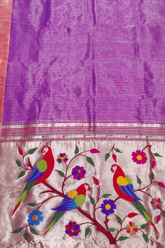 Purple Paithani Handloom Parrot Design Tissue Pure Silk Muniya Border Saree - Luxurion World