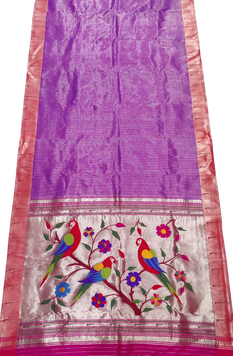Purple Paithani Handloom Parrot Design Tissue Pure Silk Muniya Border Saree - Luxurion World