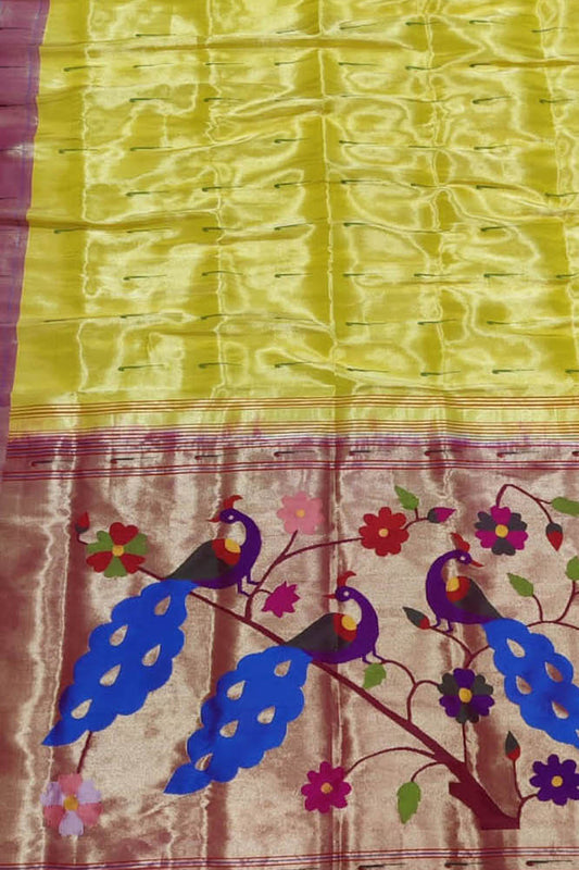 Yellow Paithani Handloom Peacock Design Tissue Pure Silk Muniya Border Saree - Luxurion World