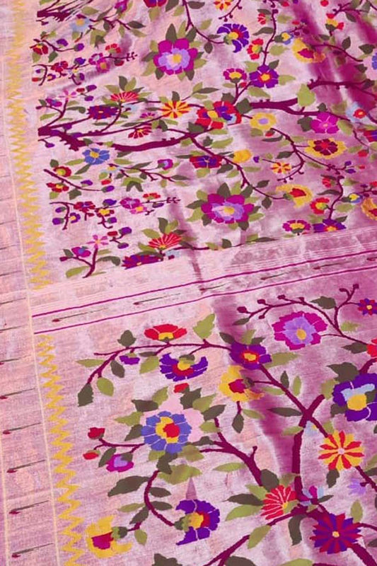 Pink Paithani Handloom Pure Silk Brocade Saree - Luxurion World