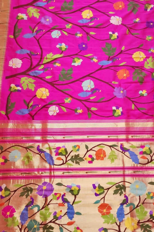 Pink Paithani Handloom Pure Silk Saree - Luxurion World