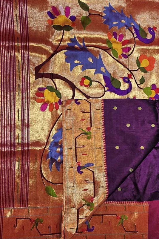 Purple Paithani Handloom Pure Silk Heavy Border Checkard Saree - Luxurion World