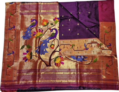Purple Paithani Handloom Pure Silk Heavy Border Checkard Saree - Luxurion World