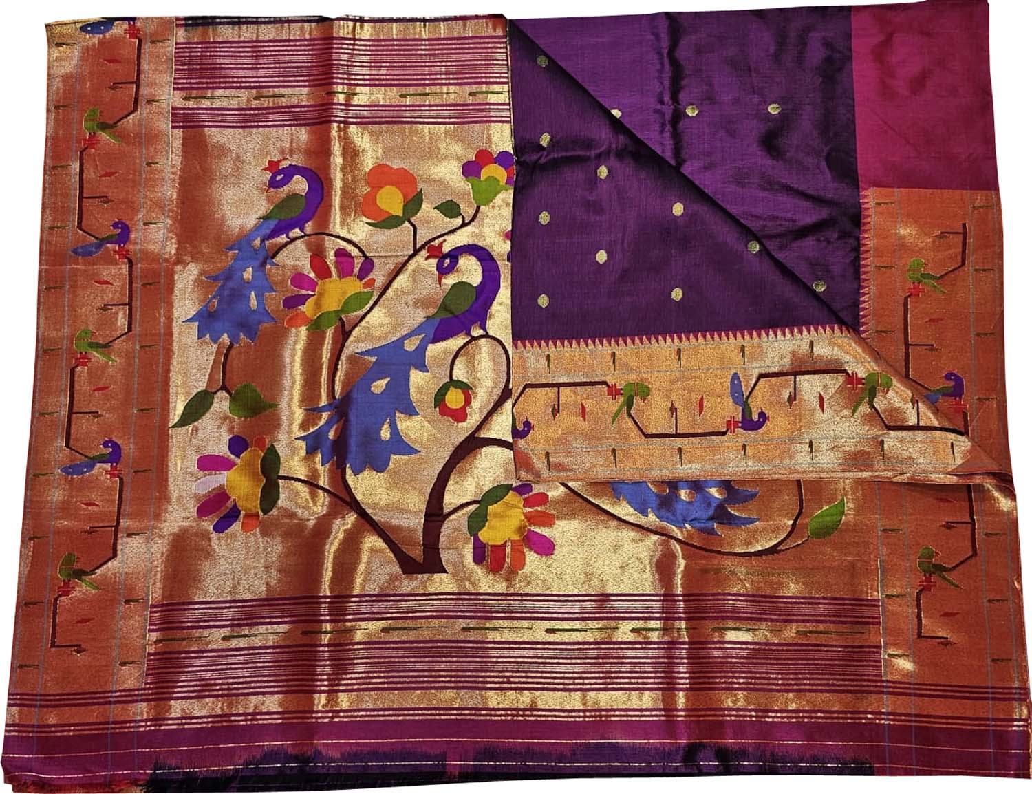 Purple Paithani Handloom Pure Silk Heavy Border Checkard Saree - Luxurion World