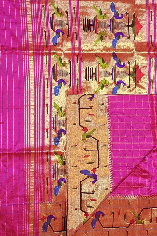 Pink Paithani Handloom Pure Silk Heavy Border Checkard Saree - Luxurion World