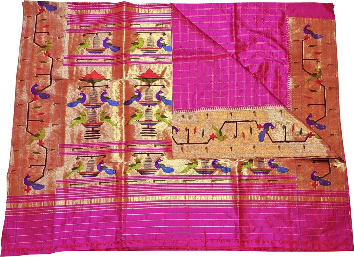Pink Paithani Handloom Pure Silk Heavy Border Checkard Saree - Luxurion World