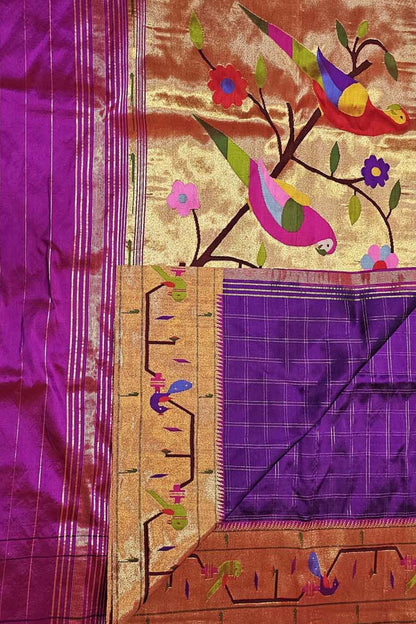 Purple Paithani Handloom Pure Silk Heavy Border Checkard Saree - Luxurion World