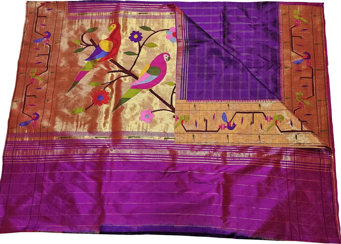 Purple Paithani Handloom Pure Silk Heavy Border Checkard Saree - Luxurion World