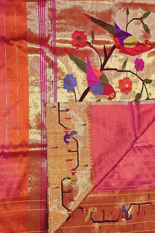 Pink Paithani Handloom Pure Silk Heavy Border Checkard Saree - Luxurion World
