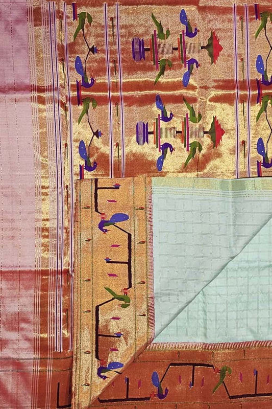 Off White Paithani Handloom Pure Silk Heavy Border Checkard Saree - Luxurion World