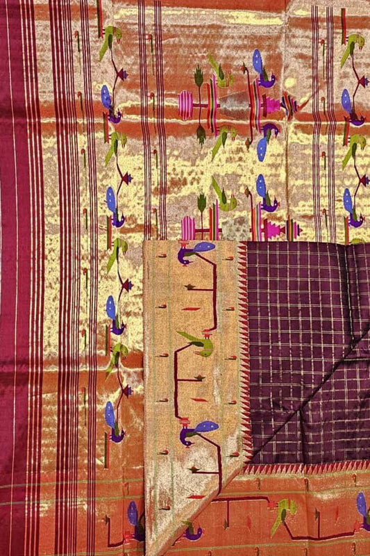 Maroon Paithani Handloom Pure Silk Heavy Border Checkard Saree - Luxurion World