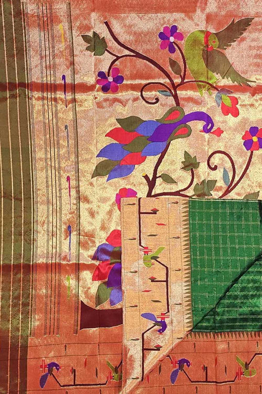 Green Paithani Handloom Pure Silk Heavy Border Checkard Saree - Luxurion World