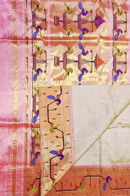 Off White Paithani Handloom Pure Silk Heavy Border Checkard Saree - Luxurion World