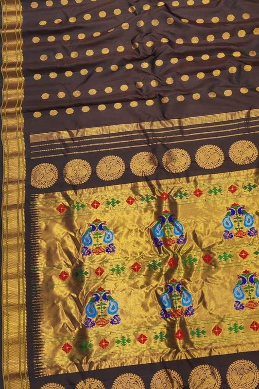 Brown Paithani Handloom Pure Silk Maharani Pallu Peacock Design Saree - Luxurion World