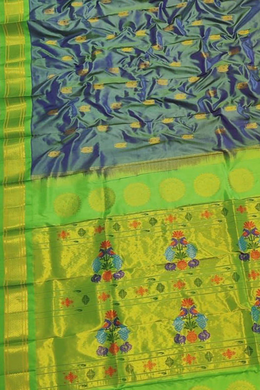 Green Paithani Handloom Pure Silk Maharani Pallu Peacock Design Saree
