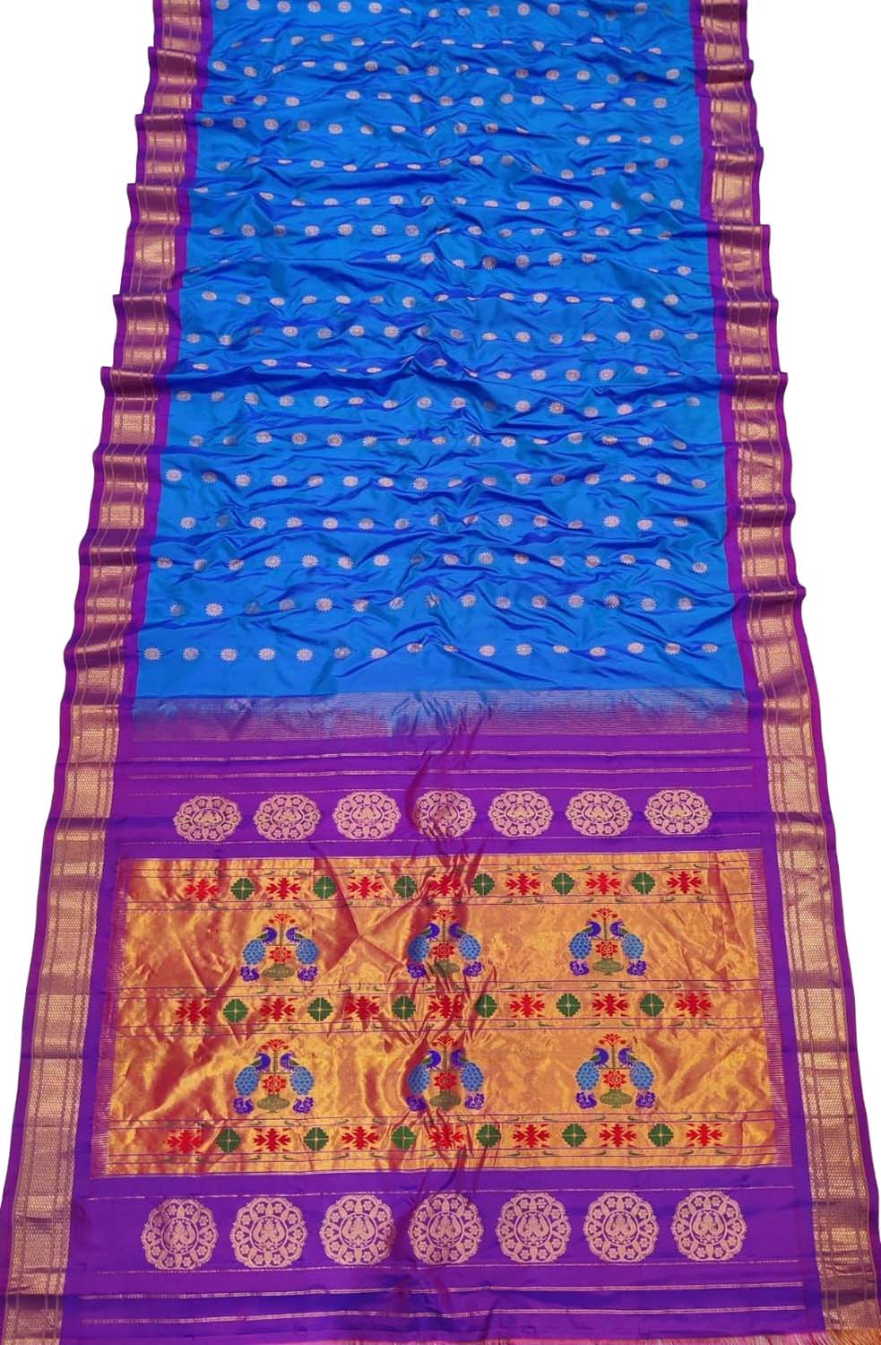 Blue Paithani Handloom Pure Silk Maharani Pallu Peacock Design Saree - Luxurion World