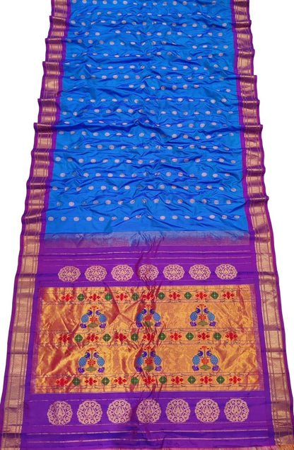 Blue Paithani Handloom Pure Silk Maharani Pallu Peacock Design Saree - Luxurion World
