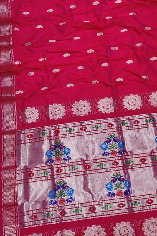 Pink Paithani Handloom Pure Silk Maharani Pallu Peacock Design Saree - Luxurion World
