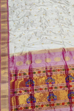 Off White Paithani Handloom Pure Silk Maharani Pallu Peacock Design Saree - Luxurion World