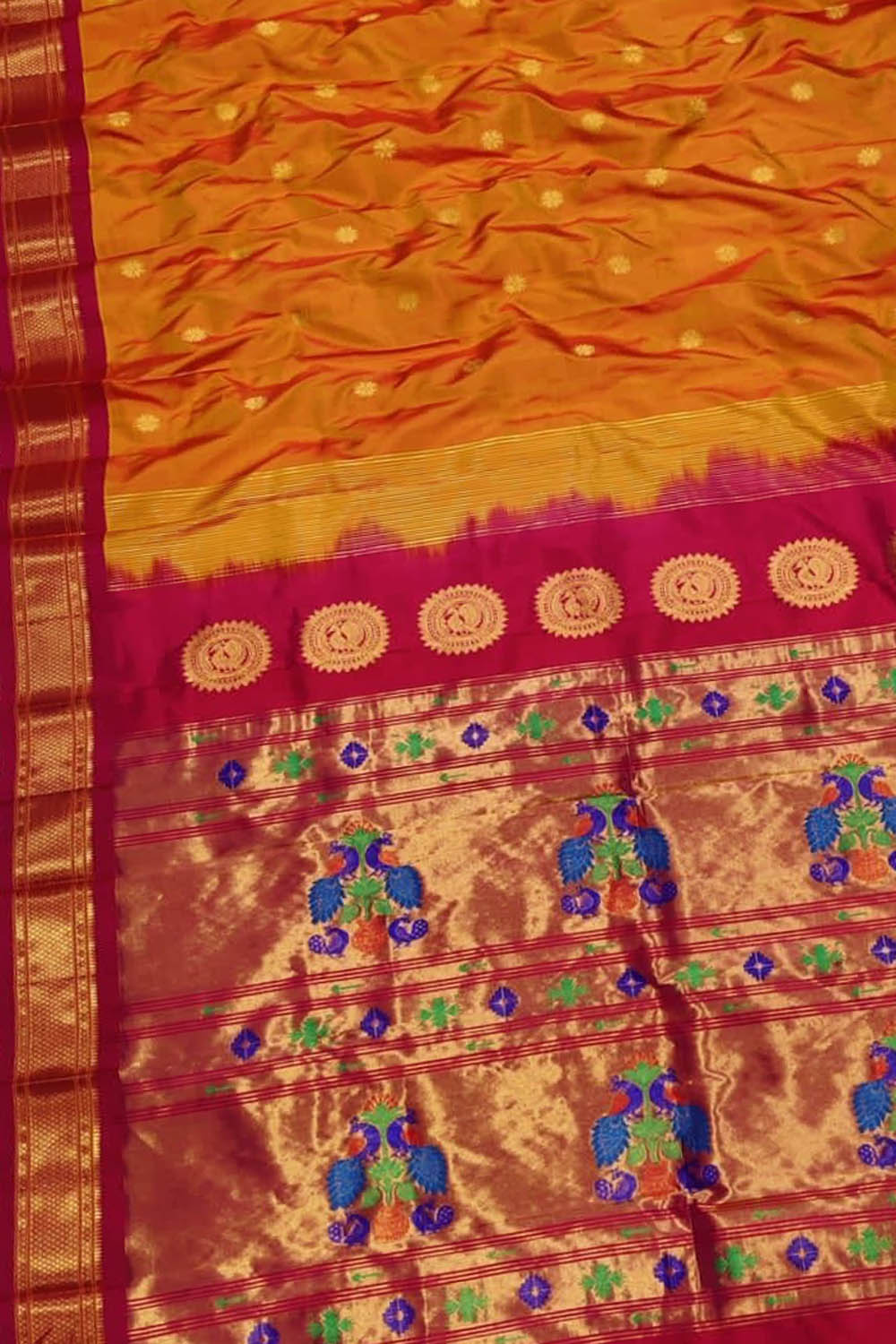 Orange Paithani Handloom Pure Silk Maharani Pallu Peacock Design Saree - Luxurion World