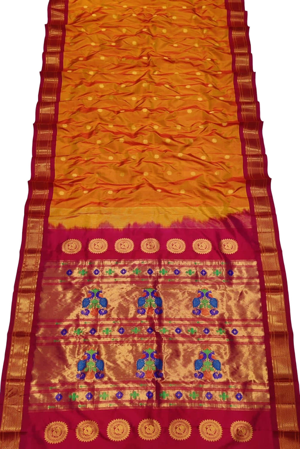 Orange Paithani Handloom Pure Silk Maharani Pallu Peacock Design Saree - Luxurion World
