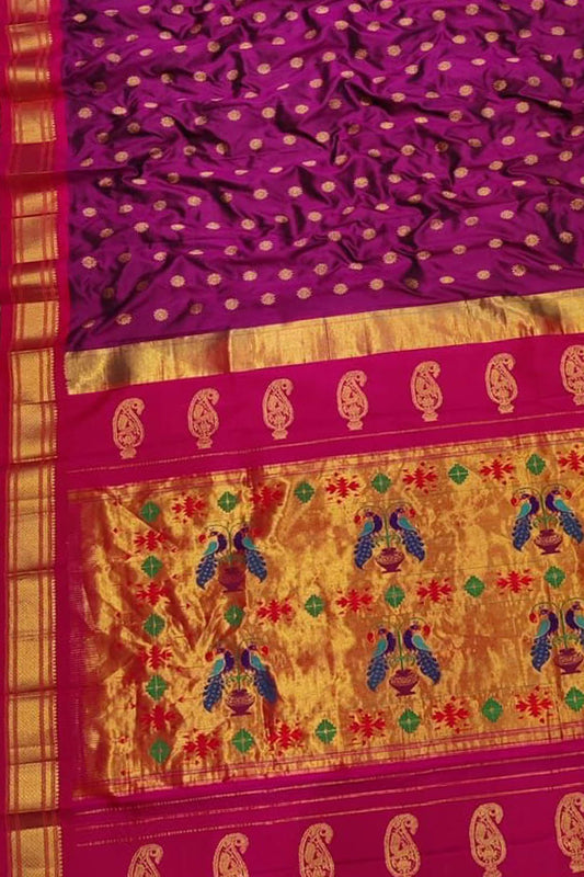 Purple Paithani Handloom Pure Silk Maharani Pallu Peacock Design Saree
