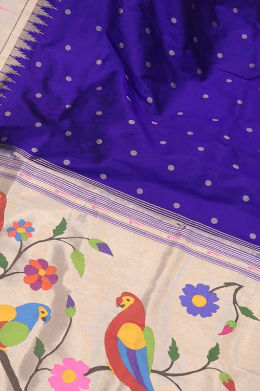 Stunning Parrot Design Saree: Elegant Blue Paithani Silk with Muniya Border - Luxurion World