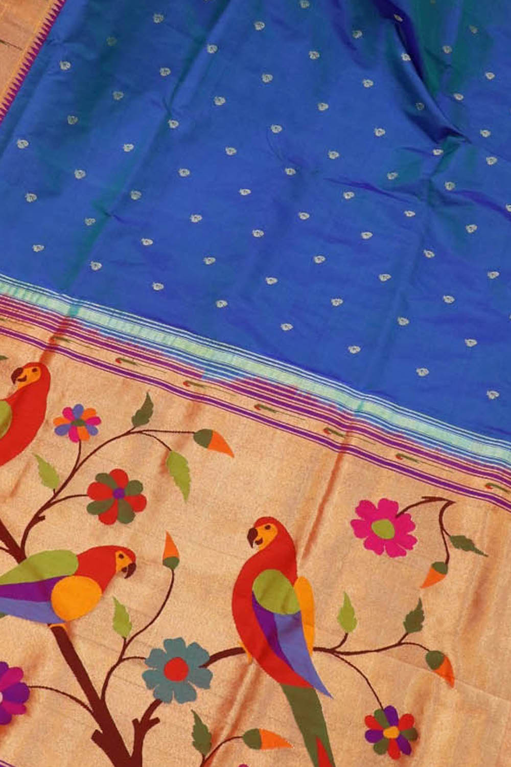 Exquisite Blue Paithani Silk Parrot Design Saree with Muniya Border: Handloom Elegance - Luxurion World