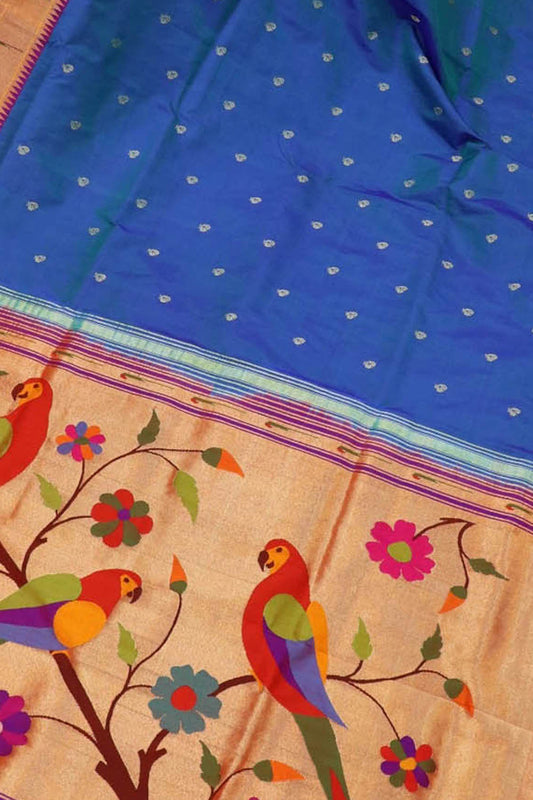 Exquisite Blue Paithani Silk Parrot Design Saree with Muniya Border: Handloom Elegance