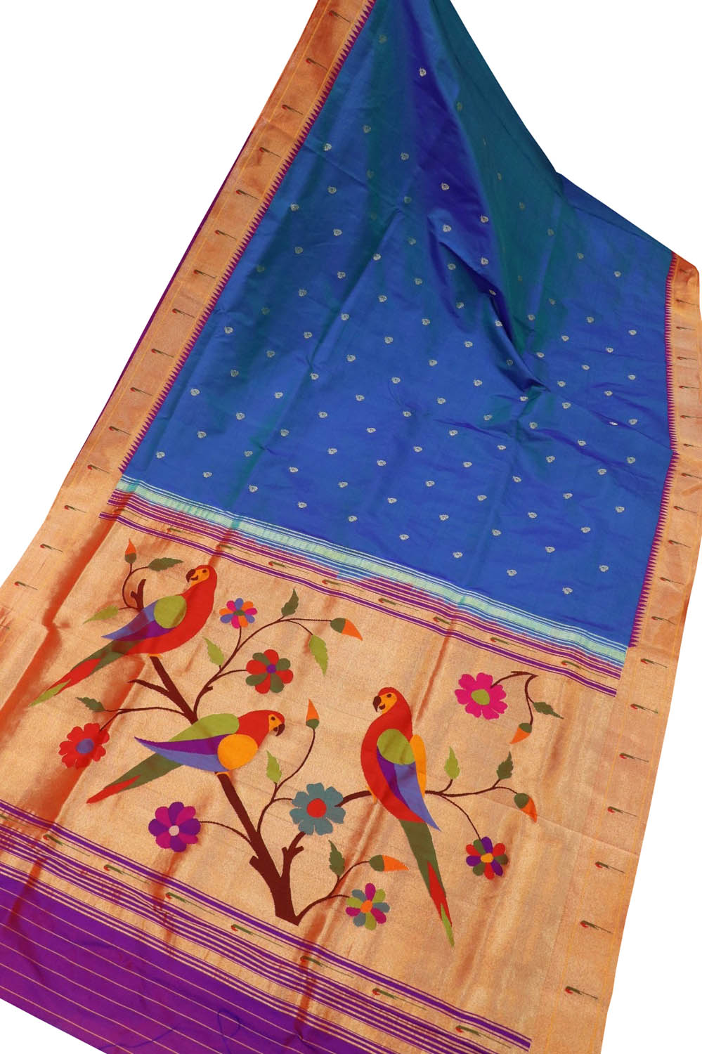 Exquisite Blue Paithani Silk Parrot Design Saree with Muniya Border: Handloom Elegance - Luxurion World