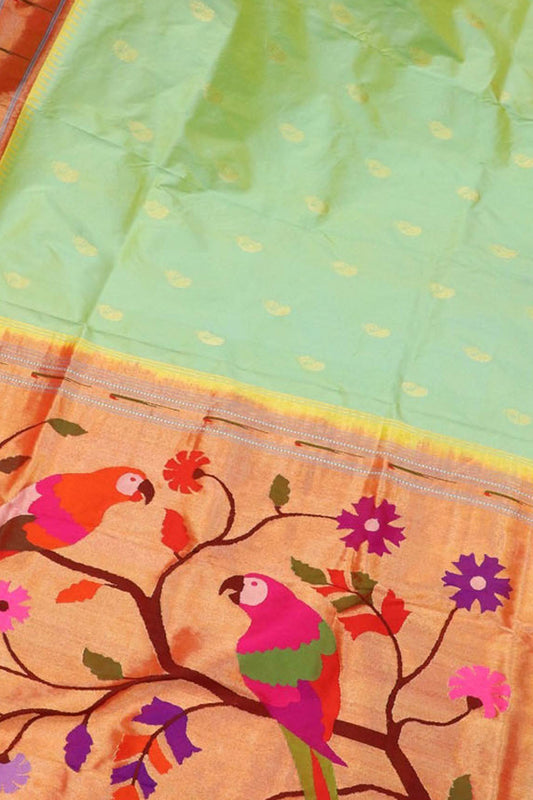 Exquisite Green Paithani Handloom Silk Parrot Design Saree with Muniya Border