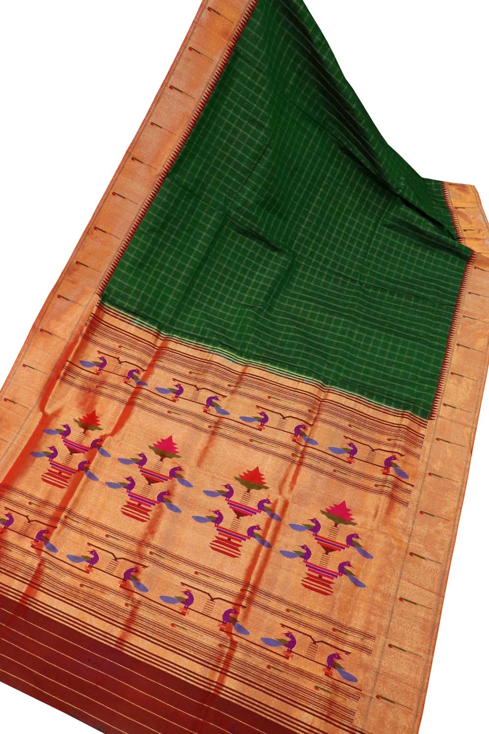Green Paithani Handloom Pure Silk Muniya Border Peacock Design Saree - Luxurion World