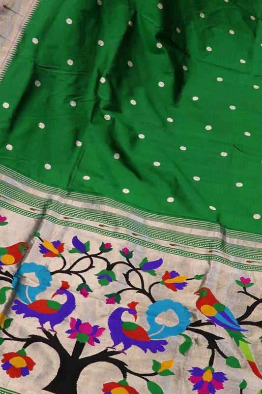 Elegant Green Silk Saree with Muniya Border: Handloom Paithani - Luxurion World