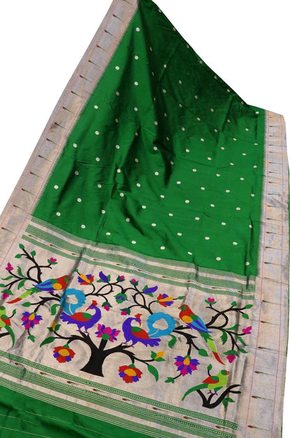 Elegant Green Silk Saree with Muniya Border: Handloom Paithani - Luxurion World