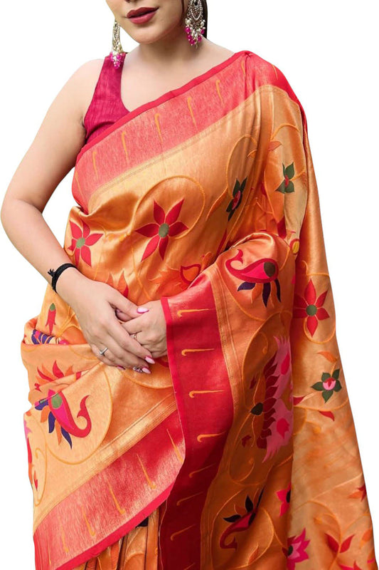 Elegant Orange Paithani Brocade Silk Saree: A Timeless Beauty