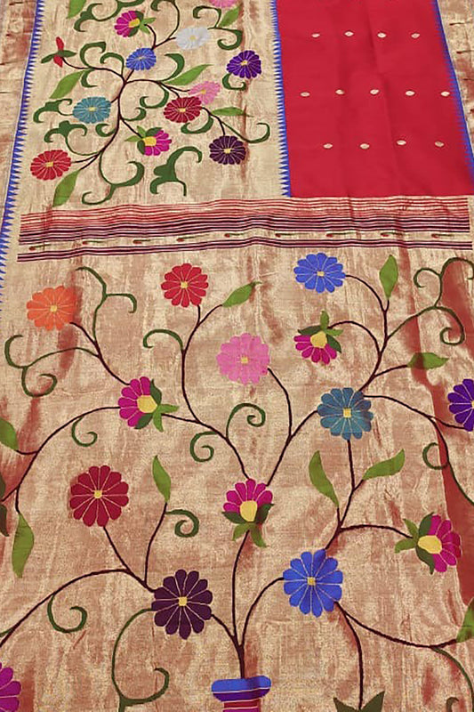 Red Paithani Handloom Pure Silk Saree - Luxurion World