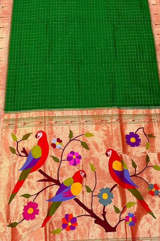 Green Paithani Handloom Pure Silk Saree - Luxurion World